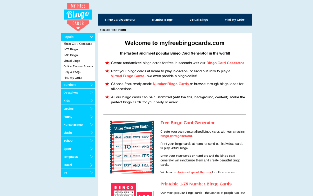 Visit website for My Free Bingo Cards