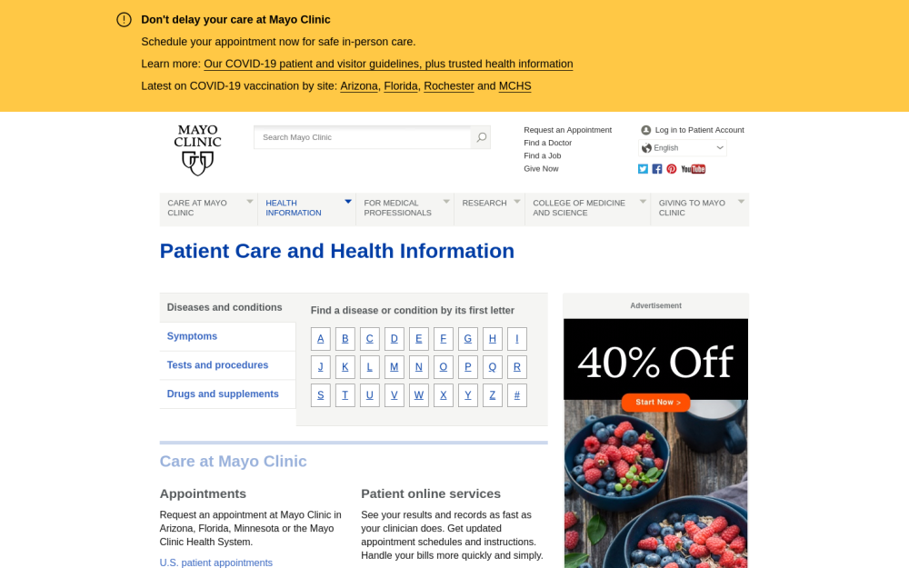 Visit website for Mayo Clinic Patient Care and Health Information